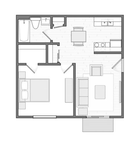 A black and white floor plan of a house with a kitchen, living room, and bathroom.